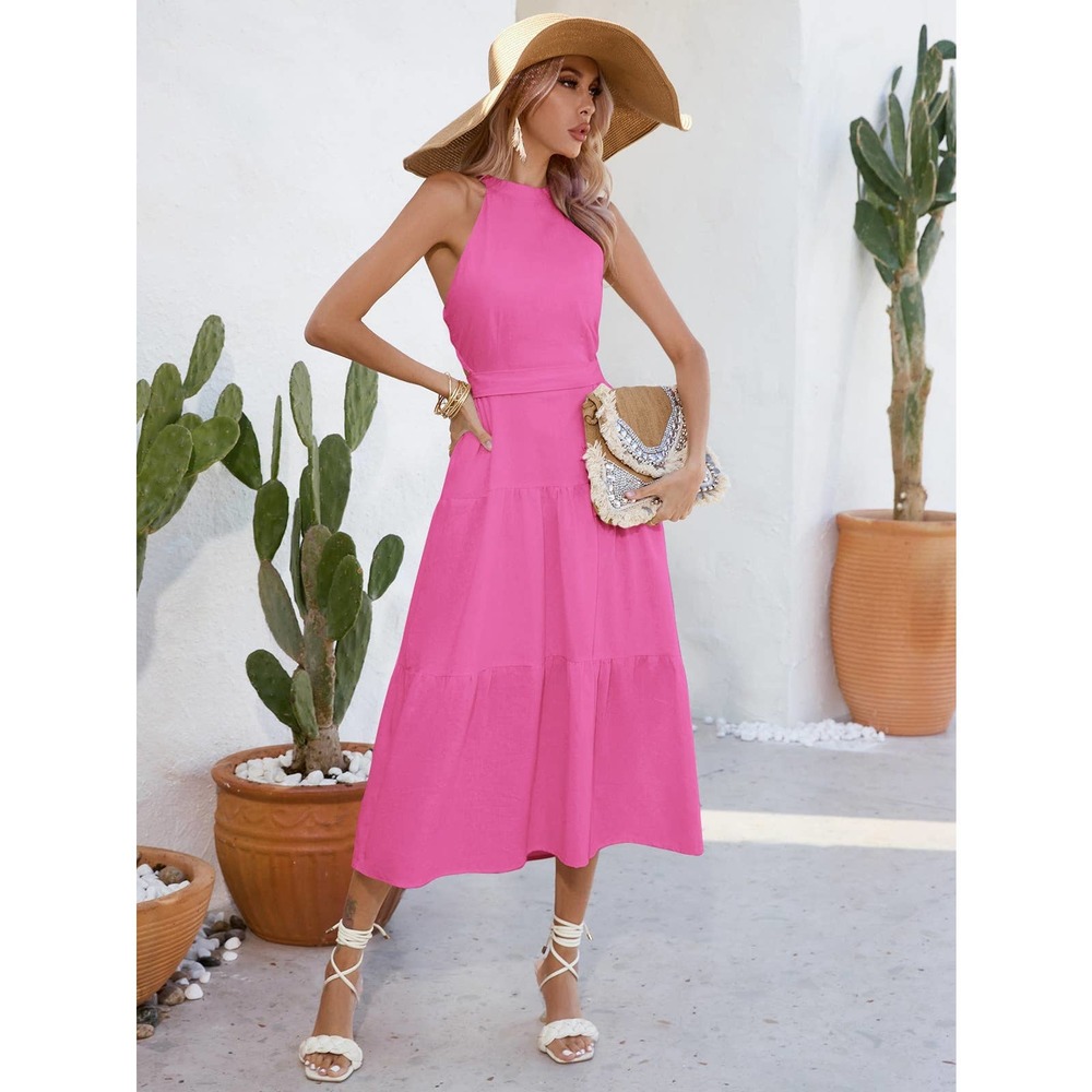 boho Solid Layered Hem Halter Neck Cut Out Waist maxi Dress - Picture 8 of 11